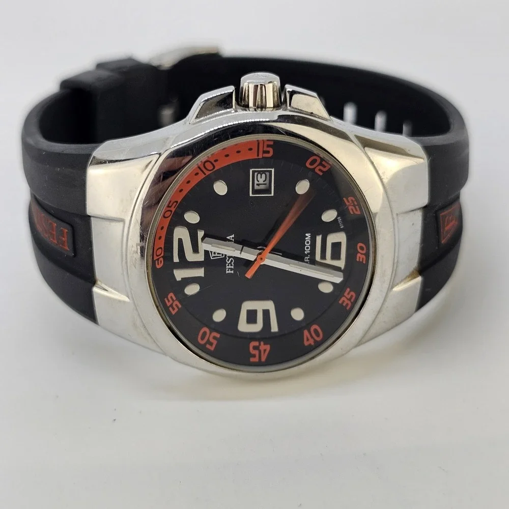 Festina Depose Men's Watch 38MM Black Dial Date Black Plastic Bands New Battery